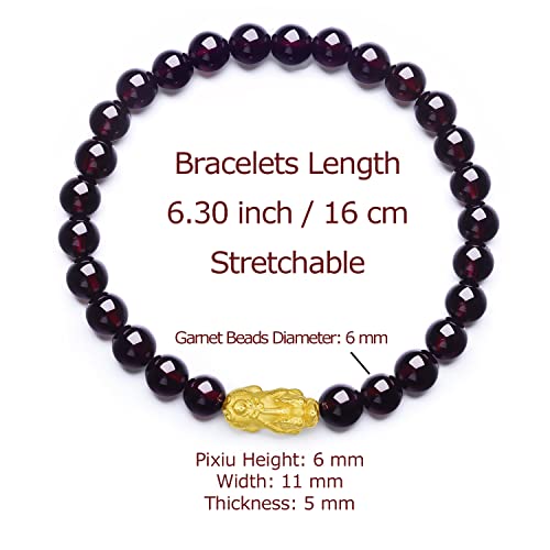 24K Solid Gold Bracelet for Women, Real Pure Gold Jewelry Fortune Pixiu Garnet Beaded Bracelet for Men