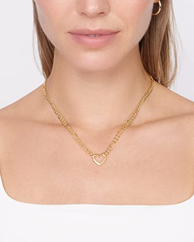 Jewelry Atelier Gold Filled Figaro Heart Necklaces – 14K Yellow Gold Filled Heart Pendant with Solid Figaro Chain for Women with Different Sizes (2.7mm, 4.5mm)