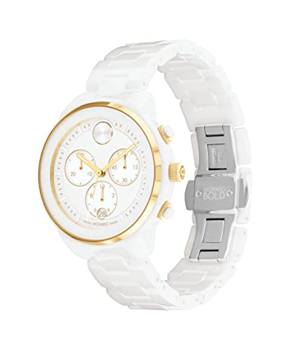 Movado 3600933 Bold Verso Women s Swiss Quartz Ionic Plated Light Gold Steel and Ceramic Link Bracelet Watch, Color: White