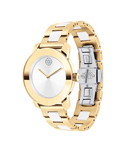 Movado Women s Bold Iconic Pale Gold Ionic Plated Stainless Steel Case, Pale Gold Ionic Plated Stainless Steel and White Ceramic Link Bracelet, Two Tone, (Model: 3600892)