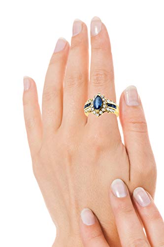 Jewelry Bliss 18k Yellow Gold Blue Sapphire Marquise Genuine Gemstone and Diamond Halo Cocktail Ring For Women Size 6