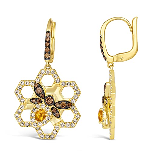 1 1/10 Carat Chocolate Diamond and 1/5 Carat Yellow Citrine Honey Bee Dangle Earrings for Women in 14k Yellow Gold (Brown, cttw) Honeycomb Leverback Drop Earrings by LeVian