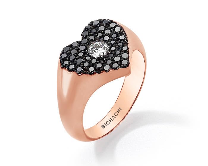 18k Rose Gold Heart Ring with White Center Surrounded in Black Elegant Brilliant Diamonds, F - Color, VS1 Clarity, 0.20ct., Handmade and Unique Gift for Her, Dainty and Minimalists Jewelry for Women