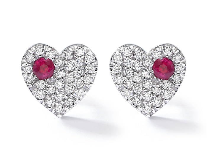 18k White Gold Hearts Earrings with Ruby Center in White Bright Diamonds for Her, F - Color, VS1 Clarity, 0.20ct., Handmade and Unique Gifts for Her, Dainty and Minimalists Earrings Jewelry for Women