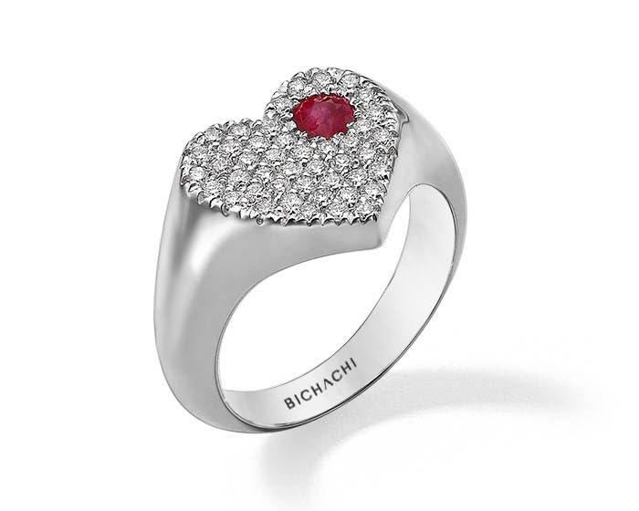 18k White Gold Heart Ring with Ruby Center Surrounded by White Elegant Brilliant Diamonds, F - Color, VS1 Clarity, 0.20ct., Handmade and Unique Gifts for Her, Dainty and Minimalists Jewelry for Women