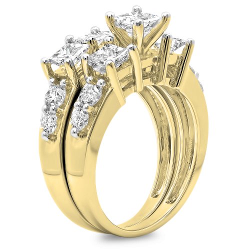 Dazzlingrock Collection 3.10 Carat (ctw) 10K Gold Princess & Round Diamond Bridal 3 Stone Engagement Ring Set 3 1/10 CT