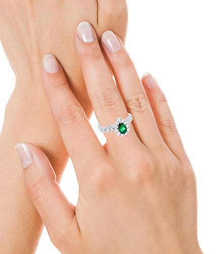 Jewelry Bliss 14k White Gold Pear Shape Green Emerald Genuine Gemstone and Diamond Halo Gemstone Ring For Women Size 7