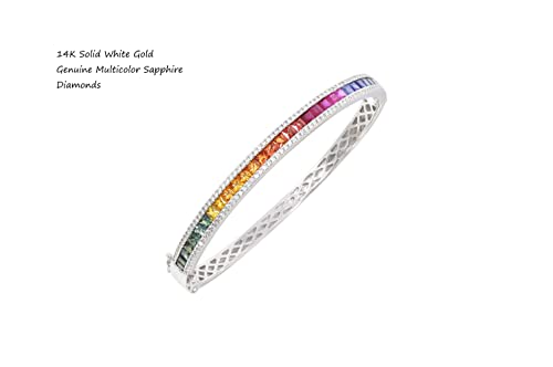 KOKAV 14K White Gold Genuine Multicolor Sapphire Princess Cut 4-5/8 Ct Bangle Bracelet with Diamonds