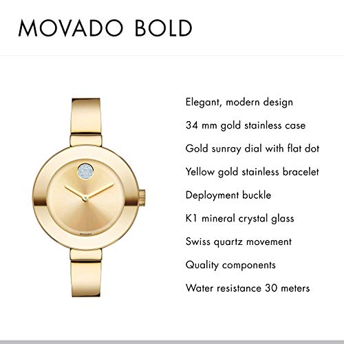 Movado Women s BOLD Bangles Yellow Gold Watch with a Flat Dot Sunray Dial, Gold (Model 3600201)