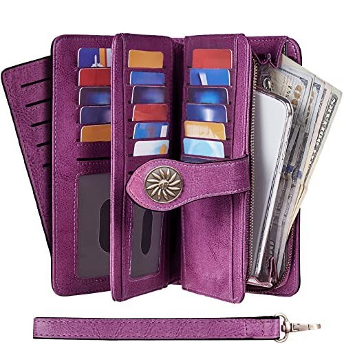 Travelambo Womens Wallet Large Capacity RFID Blocking Genuine Leather Wristlet Wallets