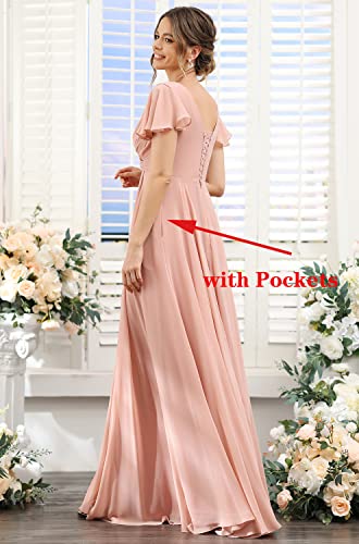 Women s V Neck Bridesmaid Dresses with Pockets Long Chiffon Pleated High Waist Formal Dress with Split CX206