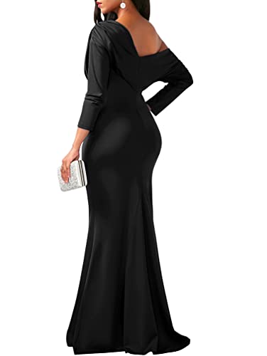 YMDUCH Women s Sexy Elegant Long Sleeve Off Shoulder Bodycon Long Evening Formal Dress