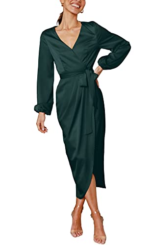 Women Satin Dress Deep V-Neck Long Sleeve Tie Waist Split Midi Dresses