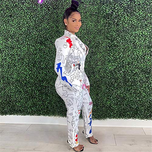 Womens Sexy 2 Pieces Graffiti Print Blazer Suit Pants Set Nightclub Tracksuit Outfit Set