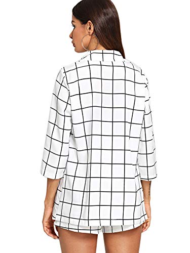 SheIn Women s 2 Pieces Outfits Plaid 3/4 Sleeve Blazers and Tie Waist Shorts Set