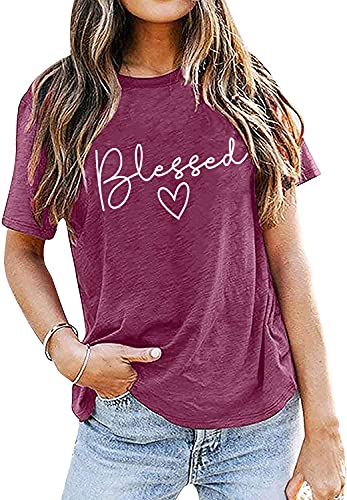 Blessed T-Shirt for Women Cute Simple Sayings Heart Graphic Letter Print Shirts Casual Short Sleeve Thankful Tee Tops