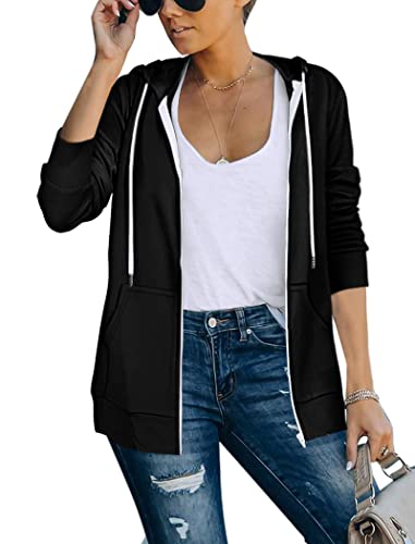 Saloogoe Lightweight Zip Up Hoodies for Women Hooded Sweatshirts Long Sleeve Thin Jacket with Zipper