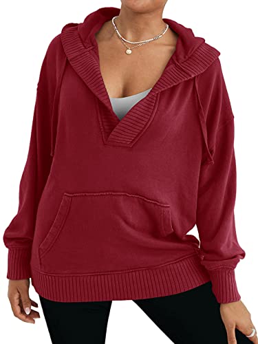 Panesare Womens Casual Hoodies Long Sleeve V Neck Lightweight Hooded Sweatshirt Loose Pullover Tops