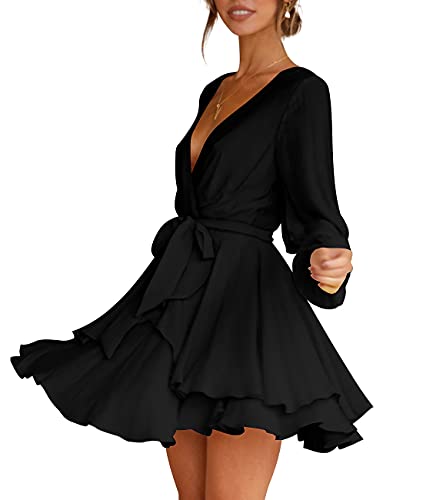 Cosonsen Women s Dress Deep V-Neck Long Sleeve Waist Tie Ruffle Mini Swing Skater Dresses