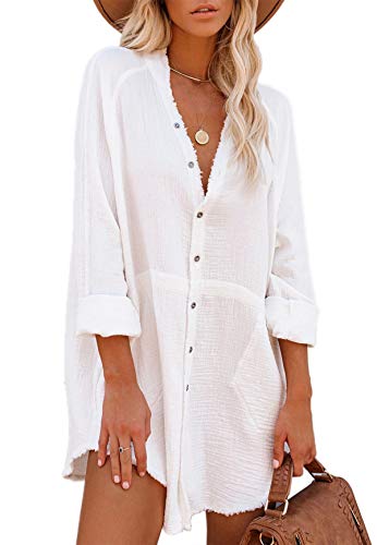 iGENJUN Women s Long Sleeve Beach Cover-ups Button Down Oversized Tunic Dress Shirt Boho Dresses with Pockets