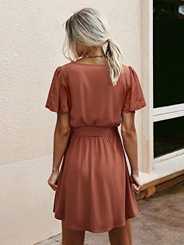 SOLY HUX Women s Casual V Neck Butterfly Short Sleeve High Waist Ruffle Hem Belted Dress