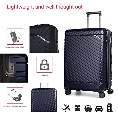 BUGATTI Oslo Collection 3 Piece Hard Shell Luggage Set, Polycarbonate Expandable Suitcases with 360-Degree Spinner Wheels, 20 Inch Carry On, 24 Inch Mid-size, 28 Inch Large Bags, Navy