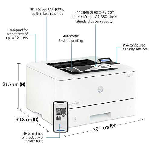 HP Laserjet Pro 4001 dn Single-Function Monochrome Laser Printer, White - Print only - Mobile Printing, 42 ppm, 1200 x 1200 dpi, Auto 2-Sided Printing, 8.5 x 14, Ethernet, Hi-Speed USB