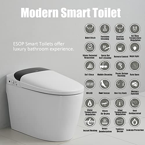 Smart Toilet with Bidet Built in, Advanced Smart Bidet Toilet, Heated Seat, Auto Opening/Closing/Off-seat Flush, Dryer, Warm Water Wash, Night Light, Intelligent Tankless One Piece Toilet for Bathroom