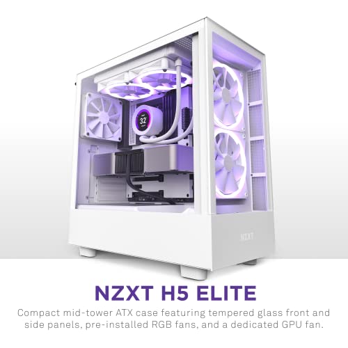 NZXT H5 Elite Compact ATX Mid-Tower PC Gaming Case – Built-in RGB Lighting – Tempered Glass Front and Side Panels – Cable Management – 2 x 140mm RGB Fans Included – 280mm Radiator Support – White