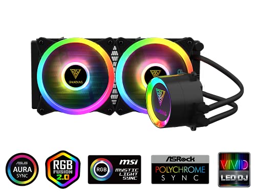 ZEUS GAMDIAS CPU Liquid Cooler 240mm RGB for Gaming PC, Computers with 2 Dual Ring RGB Fans, AIO Lighting Cooling Kit, All-in-One CPU Water Cooler with Radiator, Remote and Hub