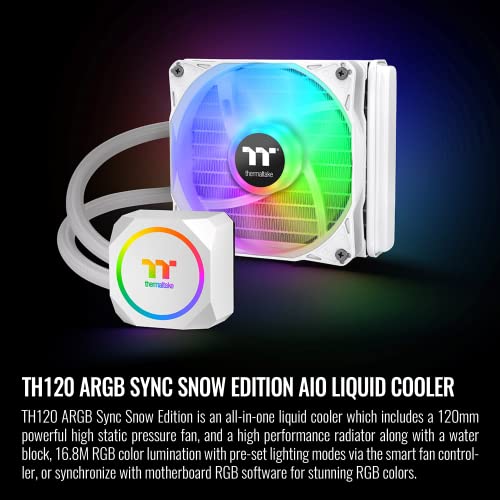 Thermaltake TH120 ARGB Motherboard Sync Snow Edition Intel LGA1700 Ready/AMD AM5 All-in-One Liquid Cooling System 120mm High Efficiency Radiator CPU Cooler CL-W346-PL12SW-A, White