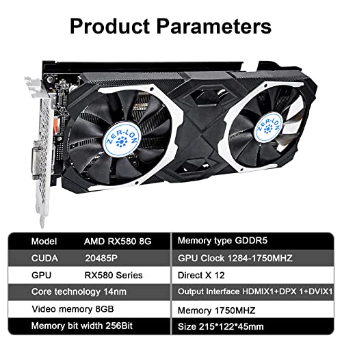 ZER-LON AMD Radeon RX 580 Graphic Cards, 8GB 256Bit 2048SP GDDR5 1284/7000MHz, DP HDMI DVI-Output, PCI Express 3.0 with Dual Fan for Office and PC Gaming