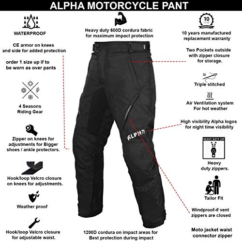 All Season Motorcycle Pants Men Motocross Offroad Overpants Touring Adventure Dual Enduro Waterproof CE Armor (Black, Waist 32