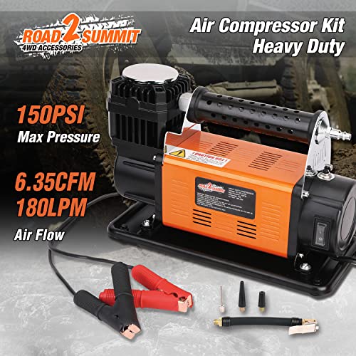 Heavy Duty Portable 12V Air Compressor Kit Inflate 6.35CFM (180L/ Min), Max 150PSI, Off-Road Air Compressor Kit for 4x4 Vehicle RV, Air Pump for ATVS Tire, for Car and SUV Tire, ROAD2SUMMIT