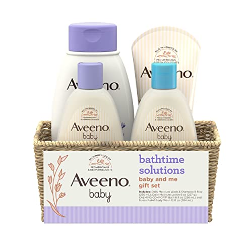 Aveeno Baby Mommy & Me Daily Bathtime Gift Set including Baby Wash & Shampoo, Calming Baby Bath & Wash, Baby Moisturizing Lotion & Stress Relief Body Wash for Mom, Soap-Free, 4 items