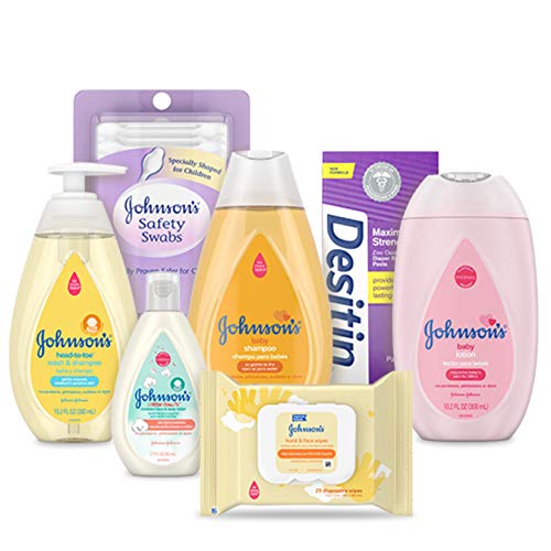 Johnson s Bath Discovery Gift Set for Parents-to-Be, Caddy with Baby Bath Time & Skin Care Essentials, Bath Kit Includes Baby Body Wash, Shampoo, Wipes, Lotion & Diaper Rash Cream, 7 Items