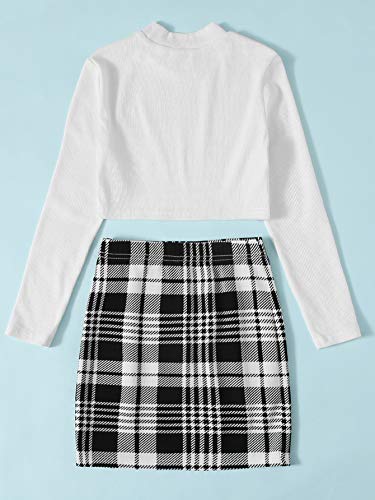 Romwe Girl s Ribbed Long Sleeve Crop Tops and Plaid Pencil Skirt Sets Outfit