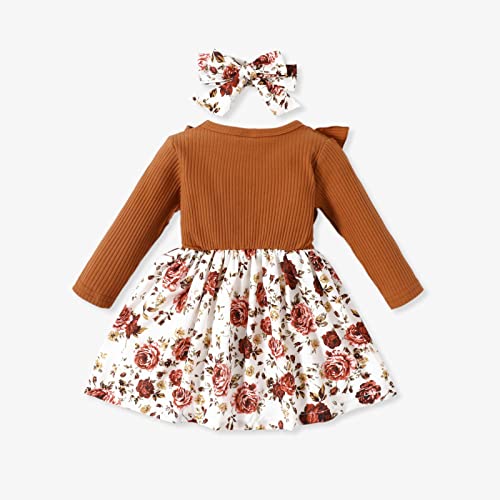 PATPAT Baby Girl Dress Infant Girls Long Sleeve Fall Casual Dress Round Neck Floral Print A-Line Dress