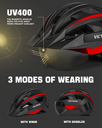 VICTGOAL Bike Helmet with USB Rechargeable Rear Light Detachable Magnetic Goggles Removable Sun Visor Mountain & Road Bicycle Helmets for Men Women Adult Cycling Helmets