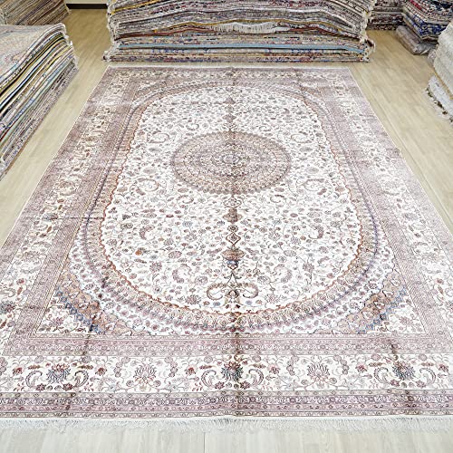 Yilong Carpet 12x18ft Oversized Oriental Silk Rugs Handmade Big Area Carpets Vintage Medallion Rug for Living Room Home Office (White)