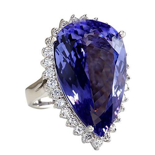 23.32 Carat Natural Blue Tanzanite and Diamond (F-G Color, VS1-VS2 Clarity) 14K White Gold Luxury Cocktail Ring for Women Exclusively Handcrafted in USA