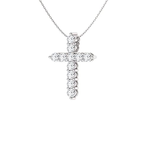 Diamondere Natural and Certified Diamond Cross Petite Necklace in 14k White Gold | 1.61 Carat Pendant with Chain