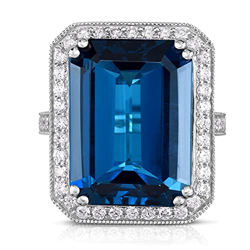 KOKAV 14K White Gold London Blue Topaz Emerald Cut, Diamonds Cocktail Ring, Size 7, Genuine Gemstone