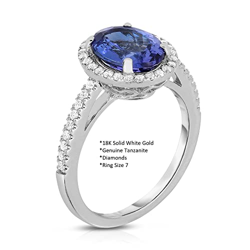 KOKAV 18K White Gold Genuine Tanzanite 3Ct Oval, Diamond Halo Gorgeous Ring. size 7