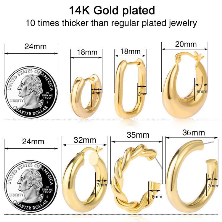 6 Pairs Gold Chunky Hoop Earrings Set for Women Hypoallergenic Thick Open Twisted Huggie Hoop Jewelry for Birthday/Christmas Gifts