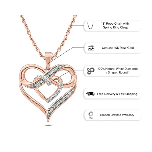 1/10cttw Diamond Accent Double Heart with Infinity Sign Pendant for Women, with Metal color option of White, Rose or Yellow Gold, Women s Infinity Double Heart Necklace with Diamonds, 18