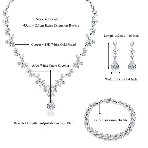 Hadskiss Jewelry Set for Women, Necklace Dangle Earrings Bracelet Set, White Gold Plated Jewelry Set with White AAA Cubic Zirconia, Allergy Free Wedding Party Jewelry for Bridal Bridesmaid