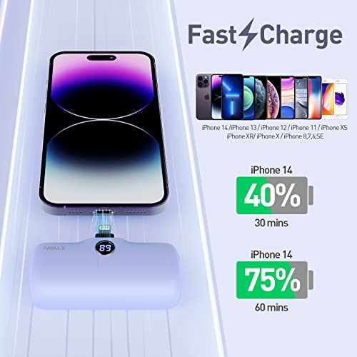 iWALK LinkPod Portable Charger 4800mAh Power Bank Fast Charging and PD Input Small Docking Battery with LED Display Compatible with iPhone 14/14 Pro Max/13/13 Pro Max/12/12 Pro/11/X/8/7/6,Purple