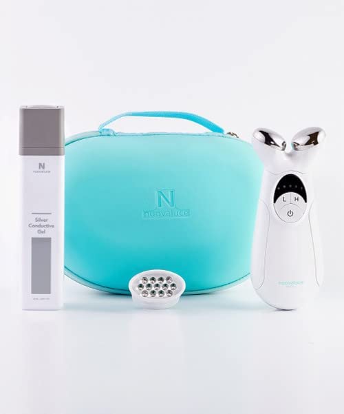 Nuovaluce Beauty Anti Aging Microcurrent & LED Red Light Therapy Device Set with Colloidal Silver Conductive Gel and Nuovaluce Revive Bag