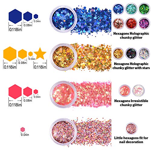 Warmfits Holographic Chunky Glitter 12 Colors Total 120g Face Body Eye Hair Nail Festival Chunky Holographic Glitter Different Size Stars and Hexagons Shaped (Set A)